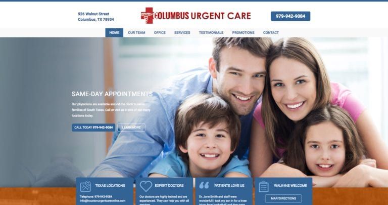 Screenshot of Columbus Urgent Care website