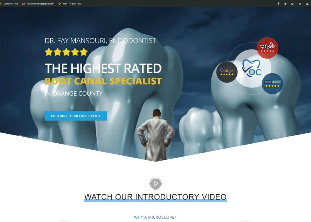 Screen Capture Of Website Irvineendodontist.com, Dentist With Back To Screen Looking Up At Large Teeth