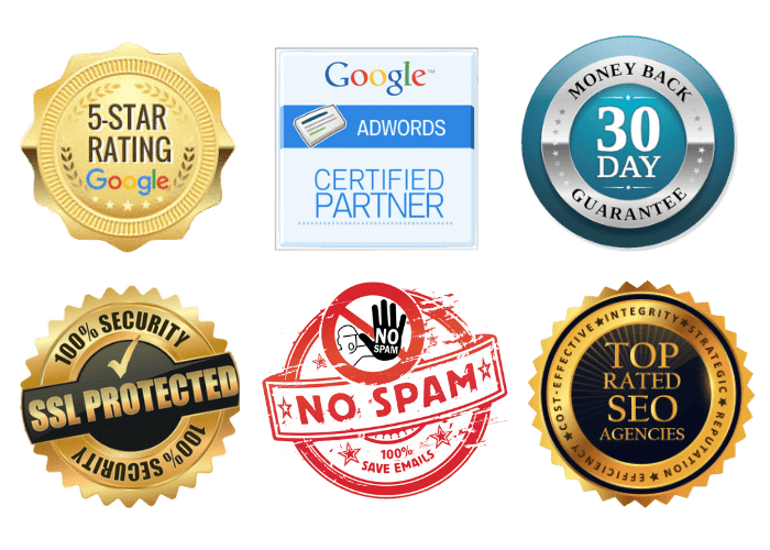 Footer badges for reviews, spam free, good seo and google partners