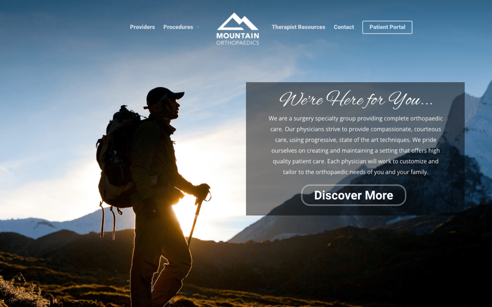 orthopedic surgery website with a picture of a man hiking in the mountains
