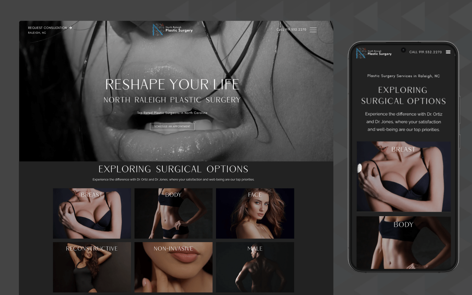 Website design for a plastic surgery: Elegant and alluring women showcased on a visually appealing website.