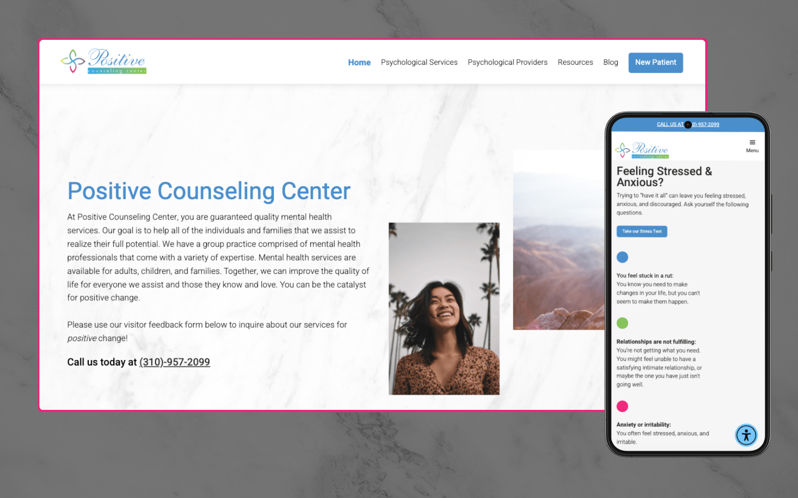 Website for Positive Counseling Center featuring calming colors, welcoming design, and easy navigation.