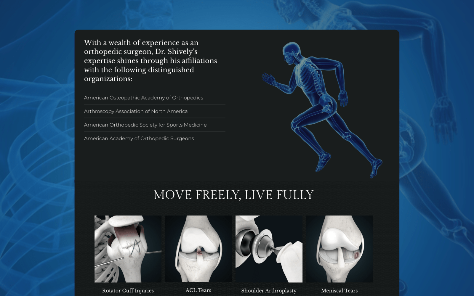 A orthopedic surgery website design showcasing a clean and professional layout, with easy navigation and relevant medical imagery.