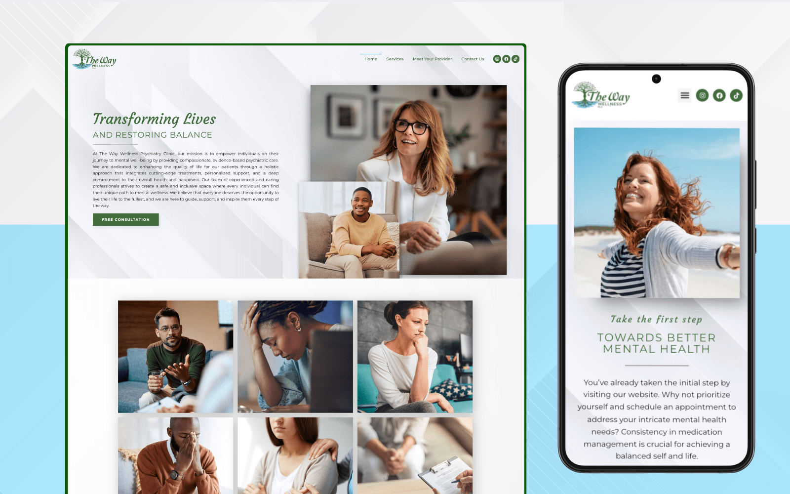 Website design for mental health clinic featuring calming colors, easy navigation, and resources for support.