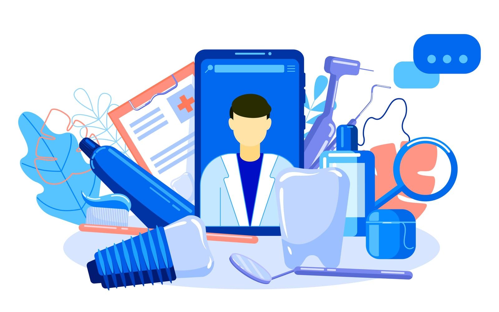 Illustration Of Dentist In A Phone And Lot Of Dental Items Like A Tooth, Implant, Toothpaste, Handpiece, Dental Floss, Mirror And Mouthwach