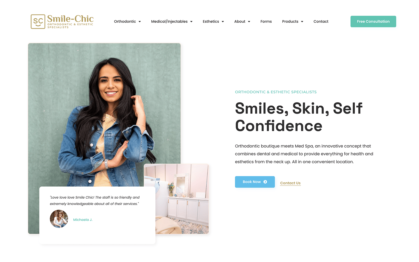 Website Screenshot with Brunette woman smiling