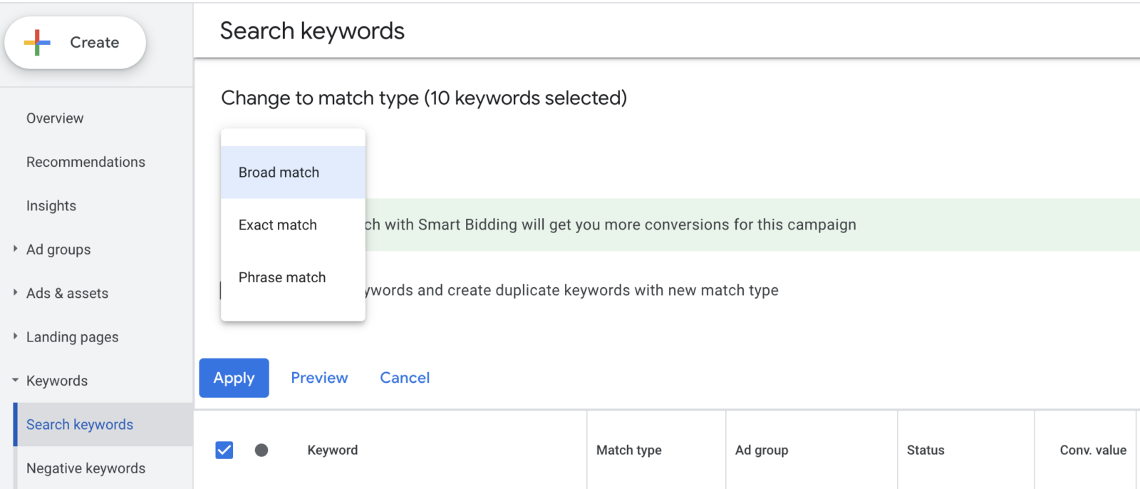 Screenshot Of Keyword Match Types In Google Ads
