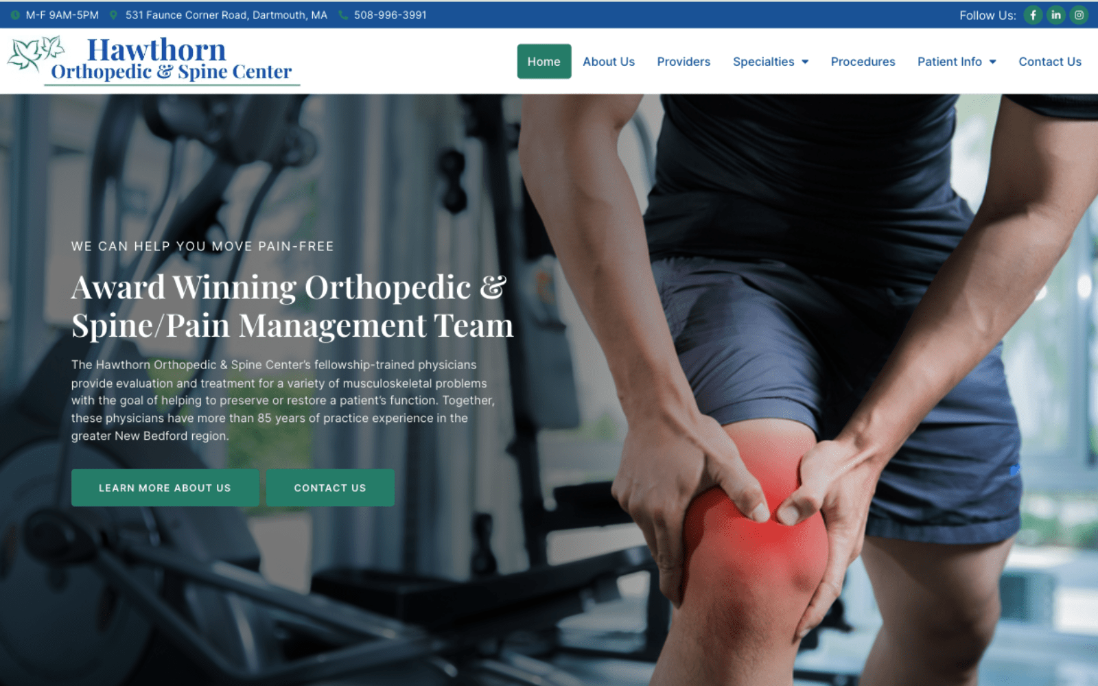 orthopedic surgery website with a picture of a guy holding his knees