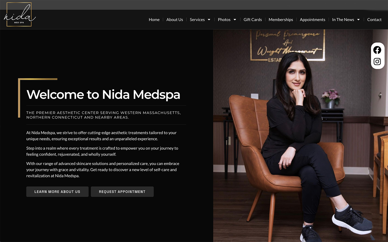 A woman sits on a chair in front of a sign reading "Nida Medspa." The text on the left describes the medspa's services and invites visitors to learn more or book an appointment.