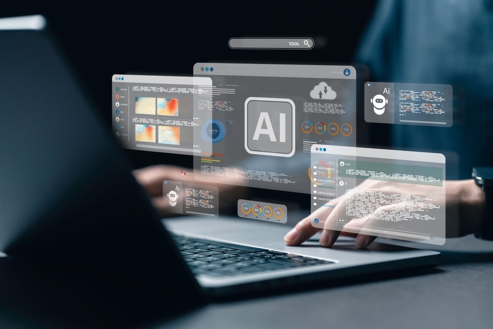 Person typing with AI window floating